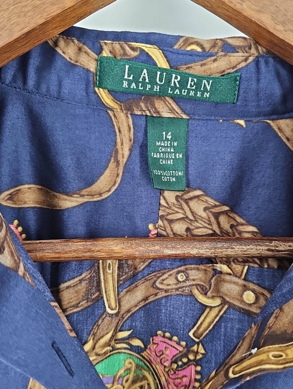 Ralph Lauren Navy Chain Print Button-Up Blouse - Picture 2 of 9